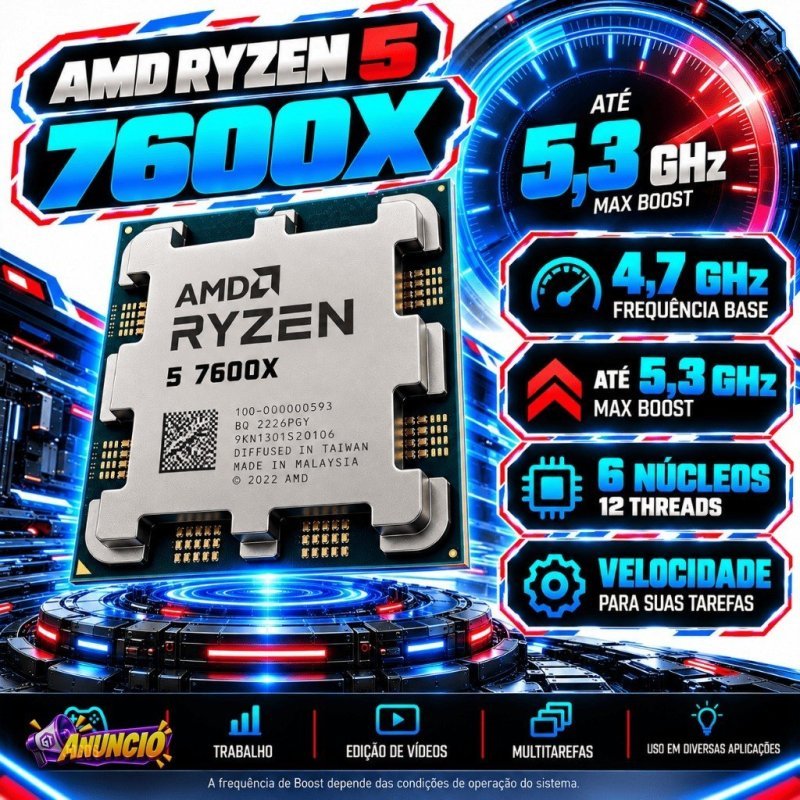 Processador AMD Ryzen 5 7600X OEM 6 Núcleos 12 Threads 5.3GHz AM5