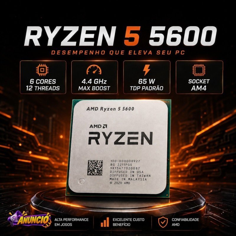 Processador Ryzen 5600 AM4 AMD 6 núcleos e 12 threads Cache L3 32 MB PC gamer 3.5GHz ( TURBO 4.4GHz )