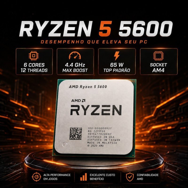 Processador Ryzen 5600 Am4 Amd 6 núcleos 12 threads 3.5GHz Turbo 4.4GHz