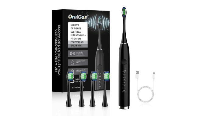 Escova Dental Elétrica OralGos Recarregável + 4 Refis + Frete Grátis