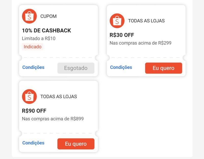 Cupons de R$30 e R$90 OFF da Shopee