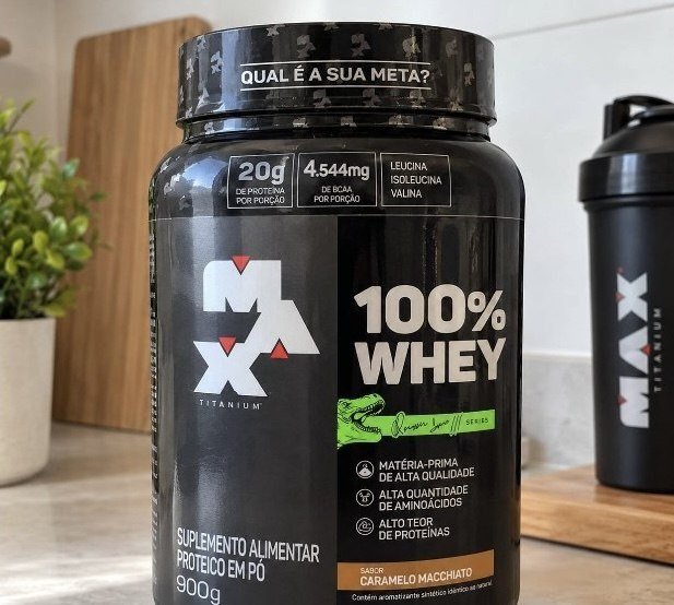 Whey Protein 100% Linha Dino Pote 900g Sabor Caramelo Macchiato Max Titanium