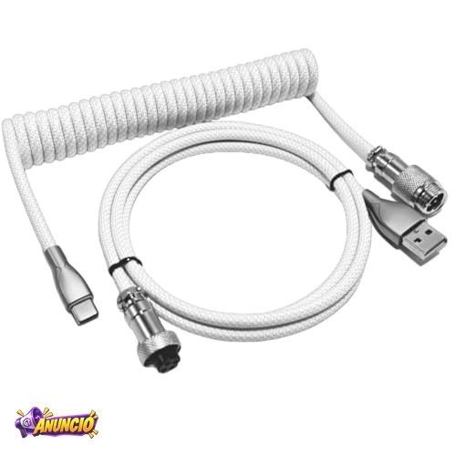 Cabo Coiled Enrolado para Teclado Mecânico, Tipo C, Conexão Aviador (Branco)