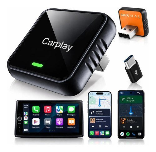 Adaptador Carplay Sem Fio Bluetooth Wi-Fi Plug and Play 2 em 1