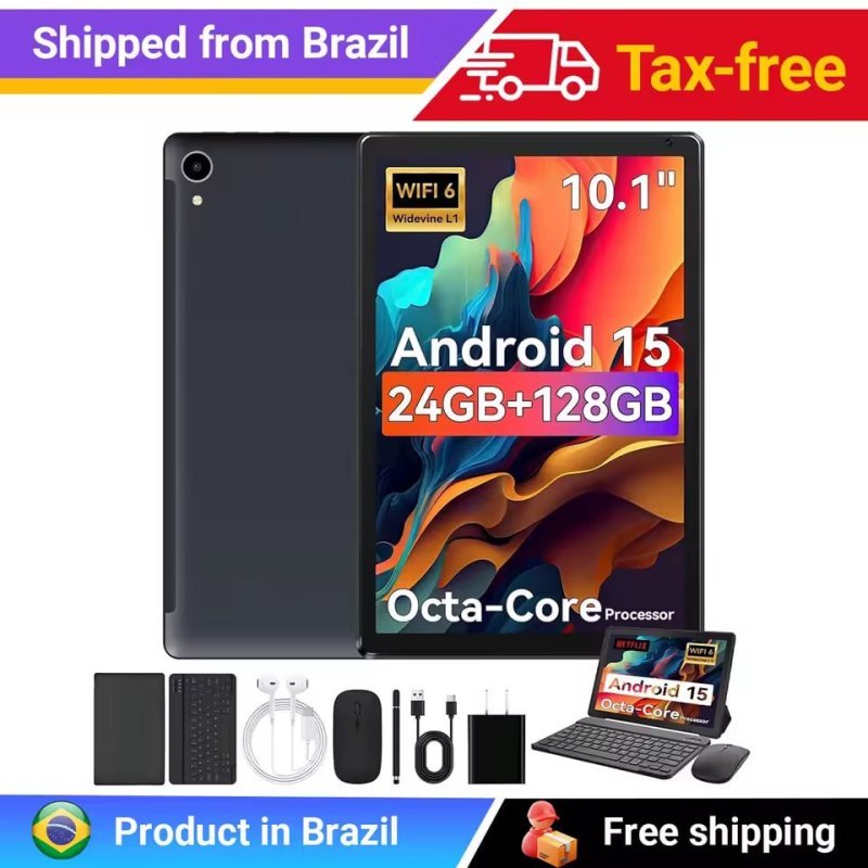 Tablet 10” Android 15 Octa-Core 128GB RAM 24GB (4GB+20GB Virtual) Wi-Fi 6, Teclado Mouse Caneta Stylus