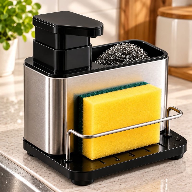 Dispenser Detergente 3 em 1 com Porta Esponja Organizador de Pia Aço Inox