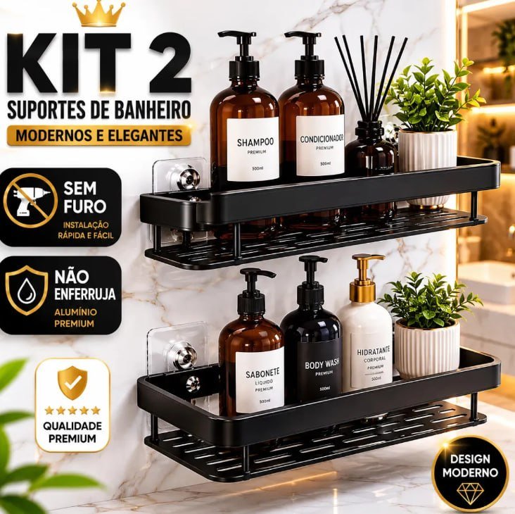 Kit 2 Suportes Organizadores p/ Banheiro Adesivo de Metal