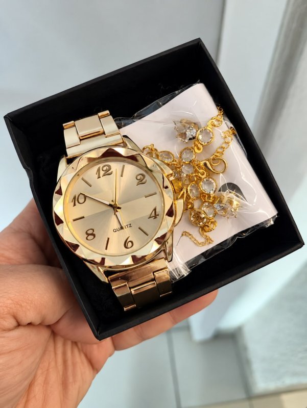 Relógio Feminino Aço Inox Banhado + Colar + Pulseira