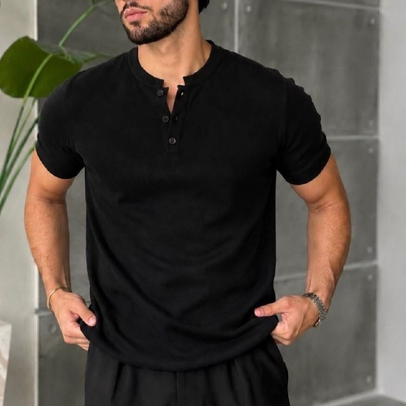 Camiseta Henley Masculina Slim Fit Algodão Manga Curta