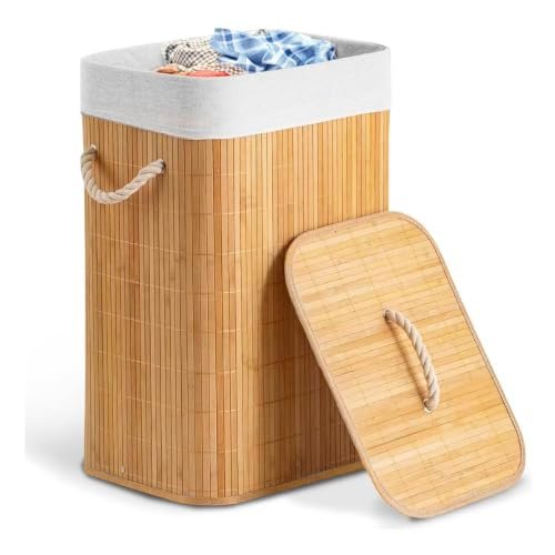 Cesto de Bambu 60L Com Tampa Alça E Forro Removível