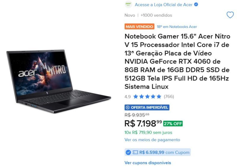 Notebook Gamer 15.6" Acer Nitro V 15