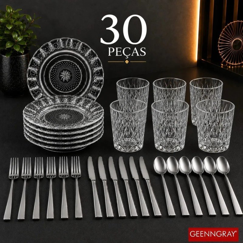 Jogo Kit 30 Peças Aparelho Jantar Completo Pratos Fundos Estrela + Copos Vidro Diamond + Talheres Inox Mesa Posta Geenn Gray