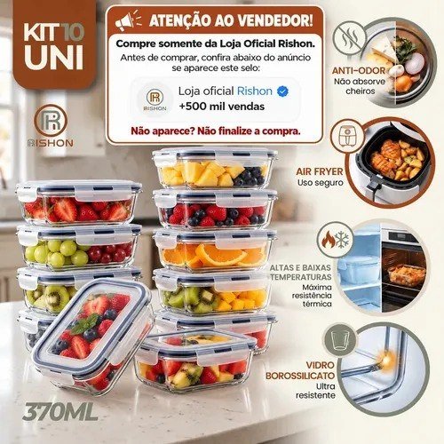 Kit 10 Pote De Vidro Marmita Hermético 370ml Freezer Fitness Rishon