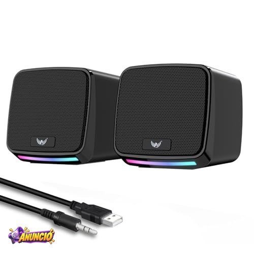 Alto-falantes RGB para PC, alimentação USB, conector de áudio de 3,5 mm, compacto, preto