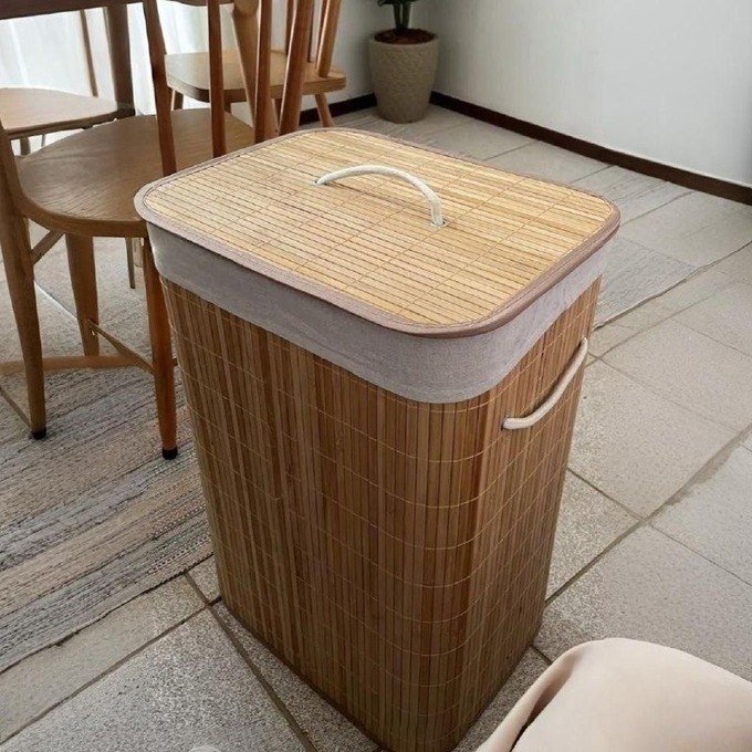 Vittak Cesto De Roupa Bambu 72 Litros Liso Dobrável Retangular Com Tampa E Forro + Frete Grátis