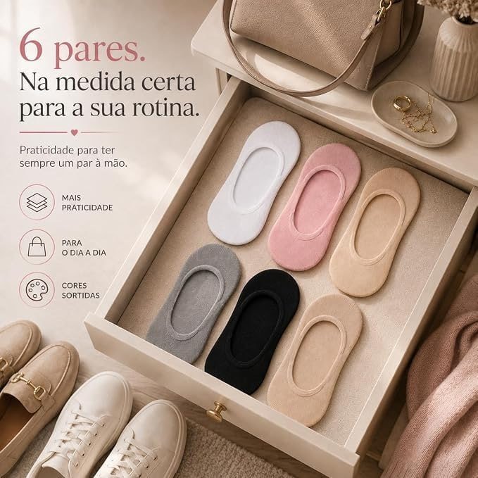 Kit 6 Pares Meia Sapatilha Feminina Invisível com Silicone Antideslizante