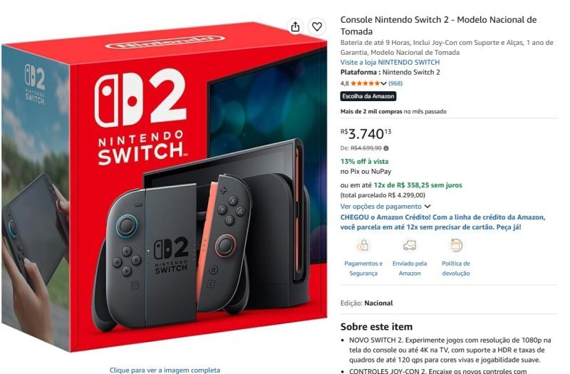 Console Nintendo Switch 2 - Modelo Nacional de Tomada apto para o JB