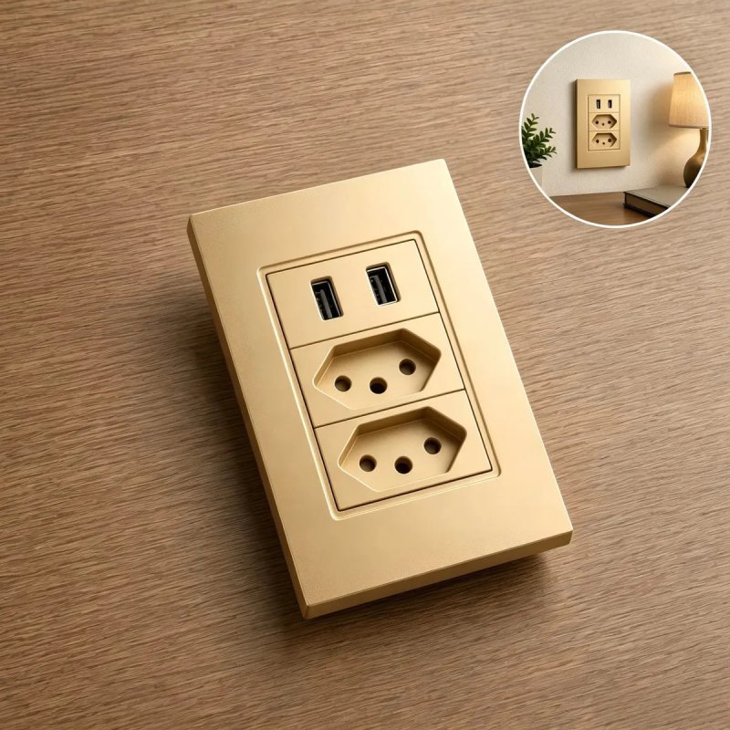Tomada Dupla Usb Eletro Mex Espelho Parede Universal Duas portas USB 4x2 ABS 10A Embutir Dourado