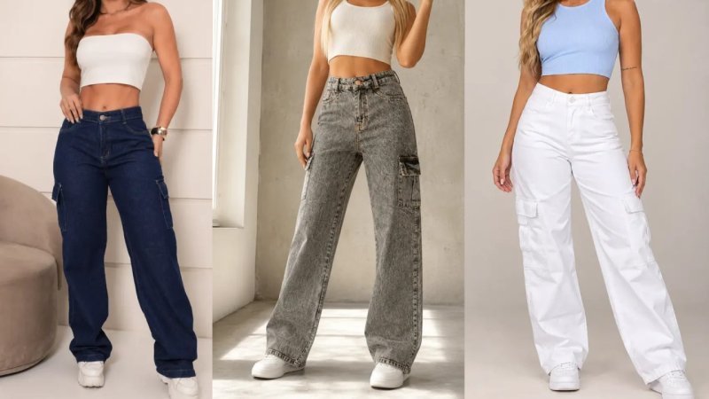 Calça Cargo Wide Leg Cintura Alta Jeans