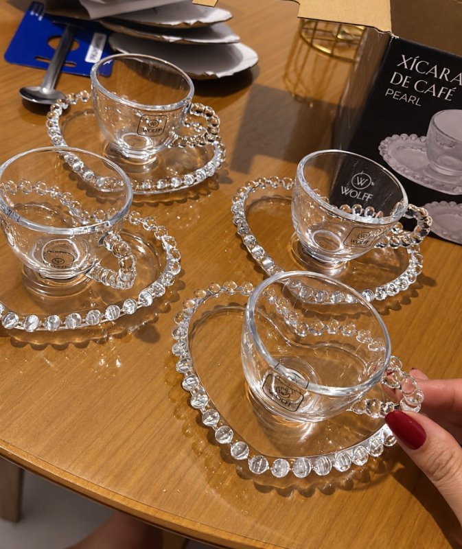 WOLFF - Conjunto 4 Xícaras de Café de Cristal com Pires Coração 85ml - Linha Pearl
