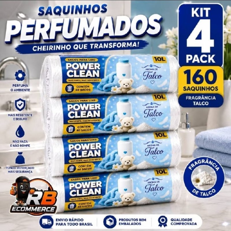Kit 4 Pack Saco de Lixo Perfumado Talco 10L 160 Sacos Reforçados Pia Banheiro Antiodor