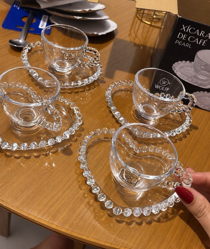 WOLFF - Conjunto 4 Xícaras de Café de Cristal com Pires Coração 85ml - Linha Pearl + Frete Grátis