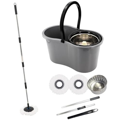 Mop com Balde Giratório Cesto em Inox, 9 Litros com 2 Refis de Microfibra