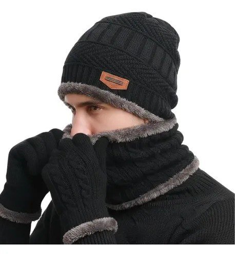 Kit Inverno Completo Touca Luva Touch Protetor Pescoço Preto Un