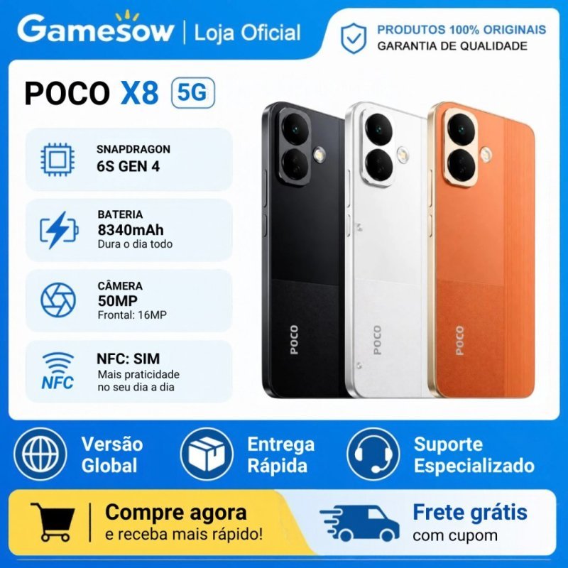 Xiaomi Poco X8 5G, Versão Global, Snapdragon® 6s 4 Gen, Bateria 8340 mAh, Câmera 50MP 256GB e 8-12GB RAM