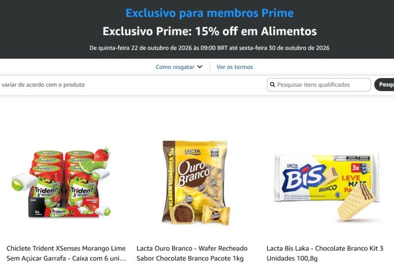 Exclusivo Prime: 15% off em Alimentos