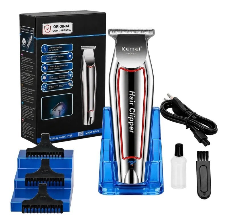 Máquina Acabamento Cortar Cabelo Barba E Pelos Kemei 032 Prateado 127/220v