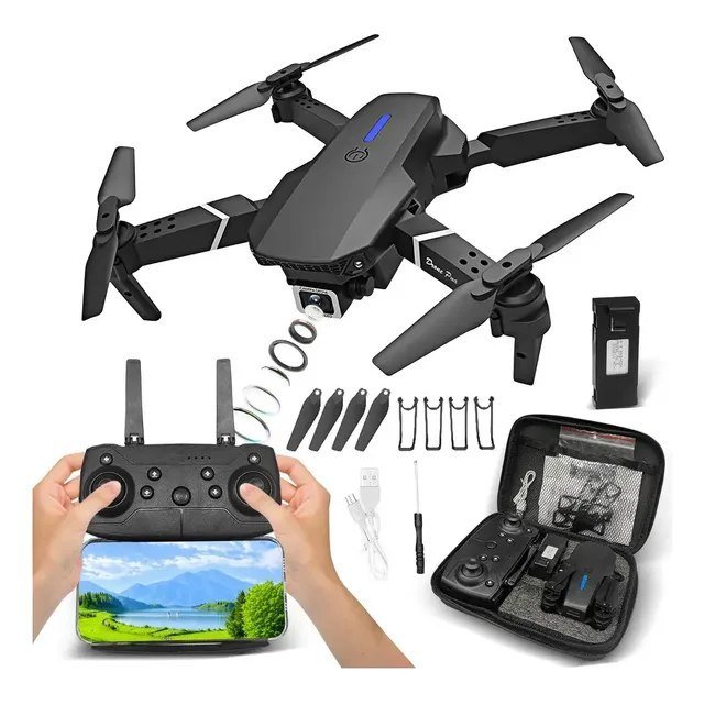 Drone E88 Profissional Dobrável com Câmera HD e Controle Remoto Preto