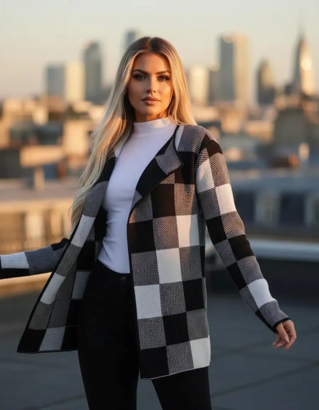 Casaco Xadrez Tricô Cardigan Inverno Manga Longa Feminino