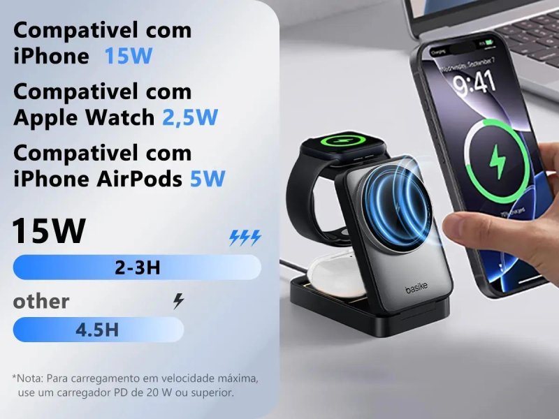 Carregador Indução Sem Fio 3em1 Basike Magsafe iPhone 17 16 15 14 Apple Watch AirPods Dobrável