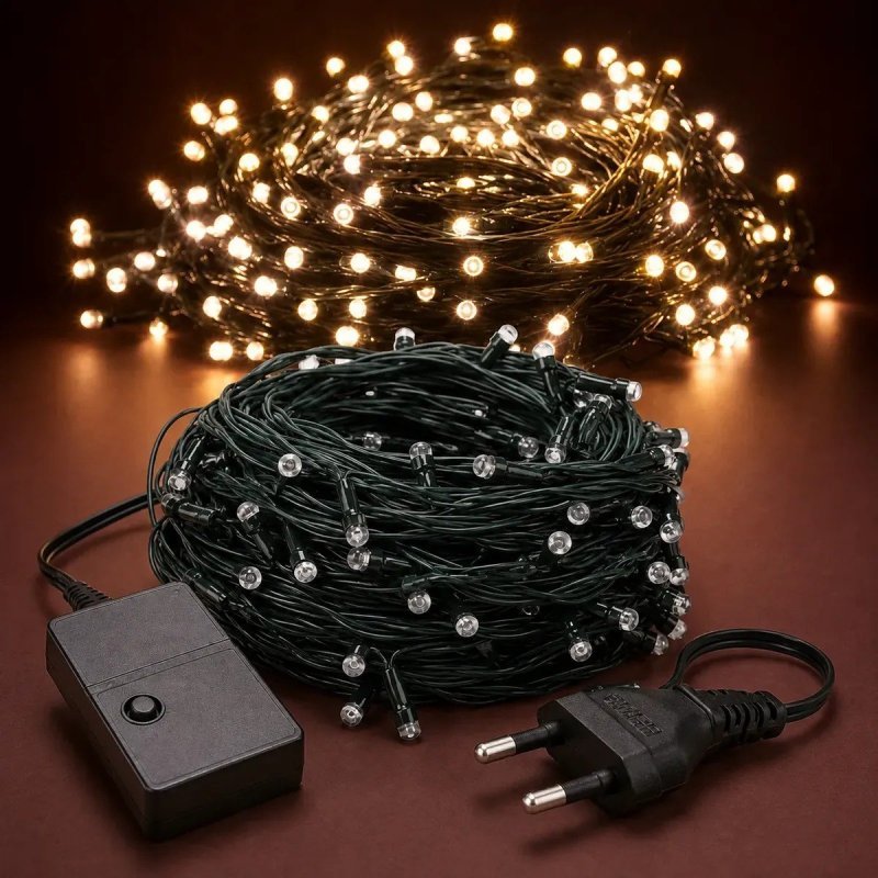 Cordão 200 Leds Pisca 20 Metros 8 Funções V8 Natal Fio Verde Branco Quente 220v