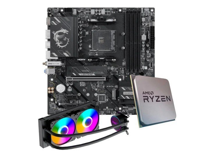 Kit com placa-mãe, processador e water cooler