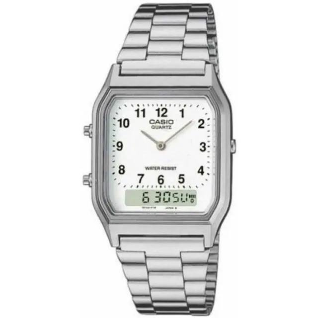 Relógio Casio Vintage Prata AQ230 7BMQ Fundo Branco Caixa e Pulseira em Aço Anadigi