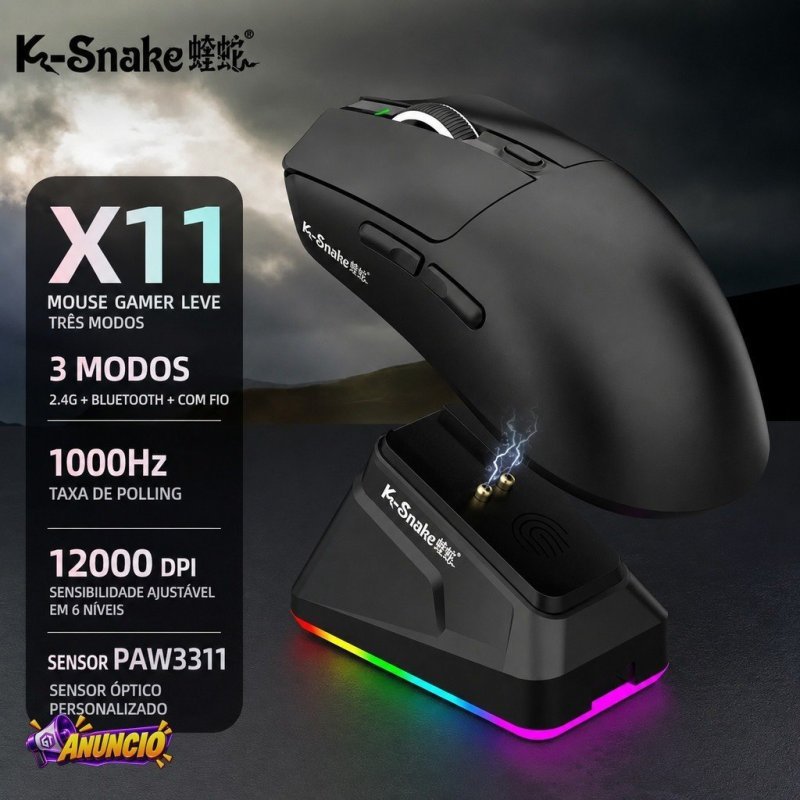 Mouse Gamer K-Snake X11 Profissional RGB 12000DPI 3 Modos Wireless 2.4G Bluetooth USB com Dock de Carregamento