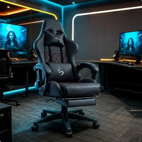 Cadeira Gamer de Escritório Ergonômica com Apoio para Pés, Reclinável, Almofadas Lombar e Pescoço, Base Nylon 50mm, Suporta 150kg (Preto)