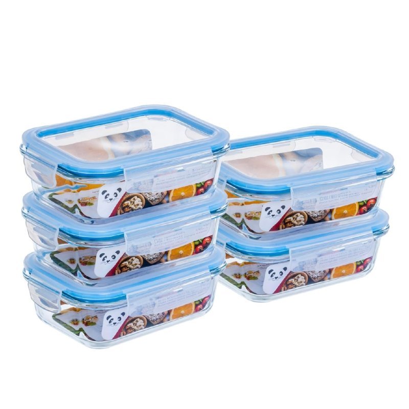 Kit com 5 Potes de Vidro Gato Panda, 640 ml, Retangular, com Tampa Hermética
