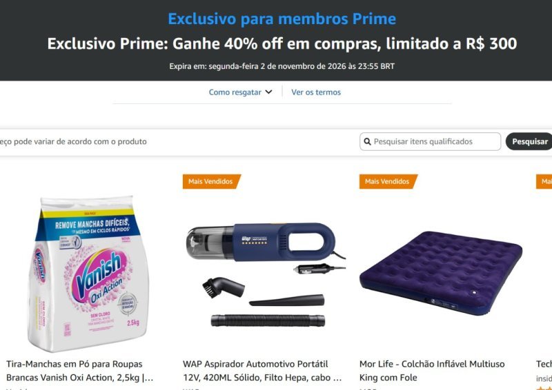 Exclusivo Prime: Ganhe 40% off em compras, limitado a R$ 300
