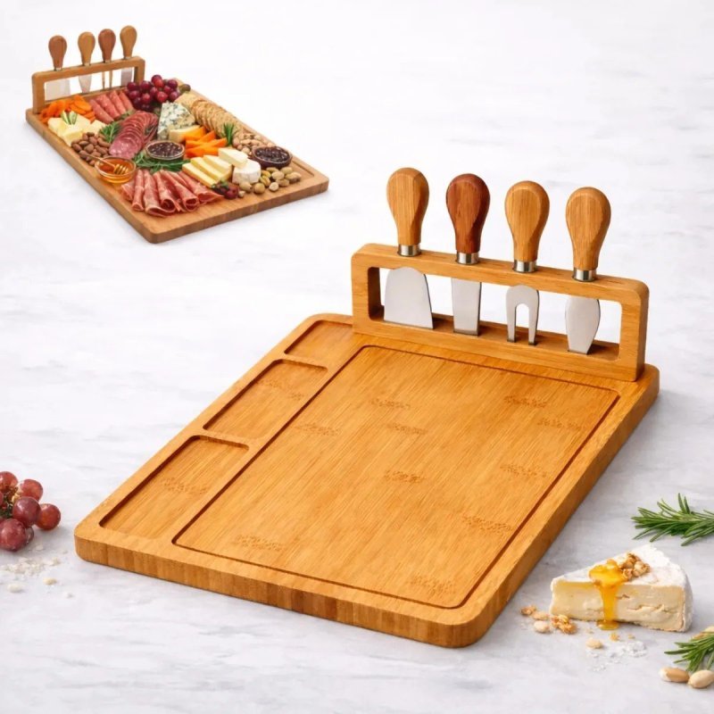 Kit Tábua De Frios E Queijos Grande Bambu 40cm + Jogo De Facas 4 Peças Petisqueira