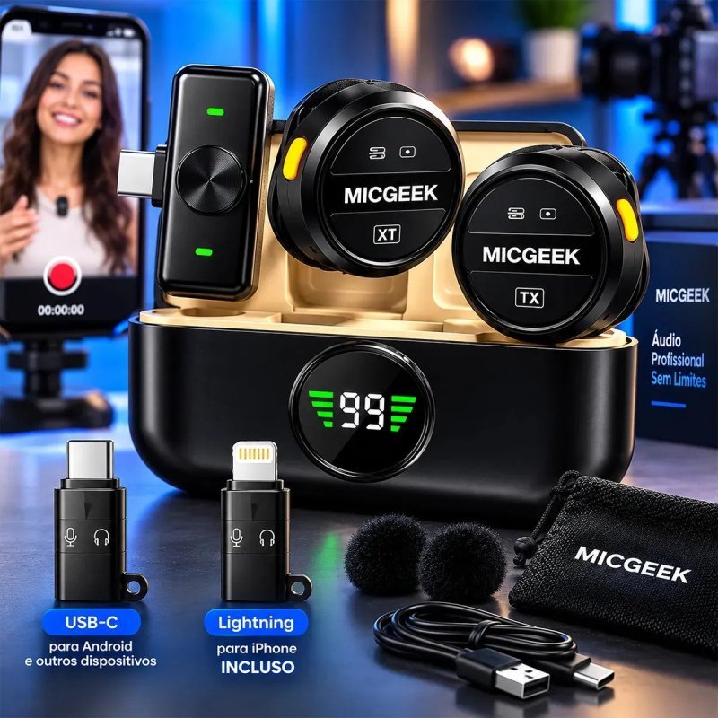 Microfone Lapela Redondo Sem Fio Tipo-C Duplo Anti-Ruído