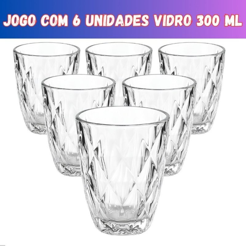 Jogo 6 Copos Baixos Diamond 300ml Vidro Grosso Diamante Luxo