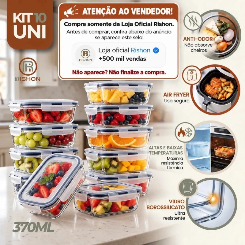 Kit 10 Pote De Vidro Marmita Hermético 370ml Freezer Fitness Rishon