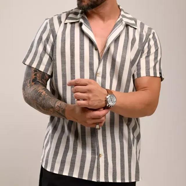 Camisa Masculina Listrada Manga Curta Algodão Slim Premium